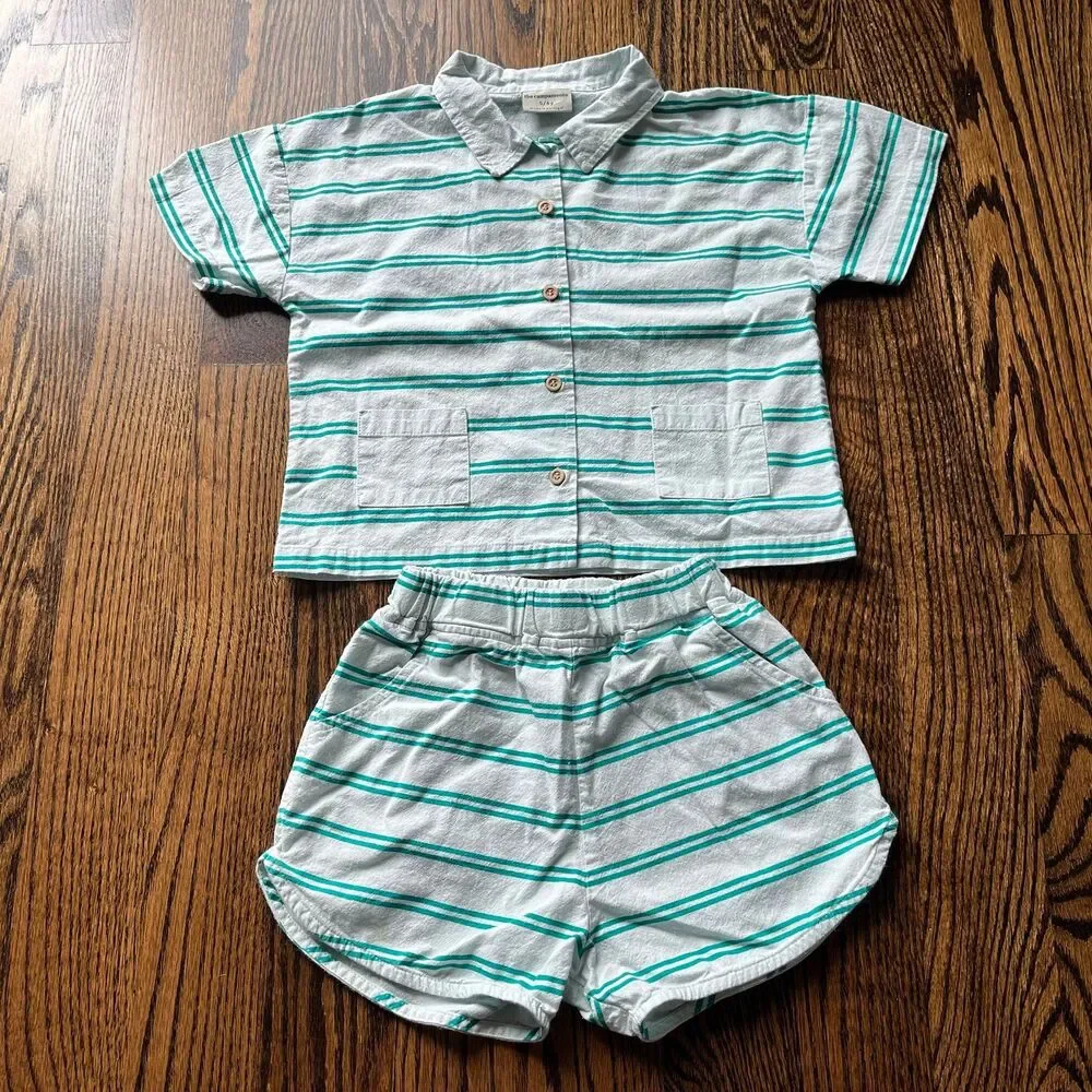 Kids Striped Two-Piece Matching Set in Light Gray and Teal